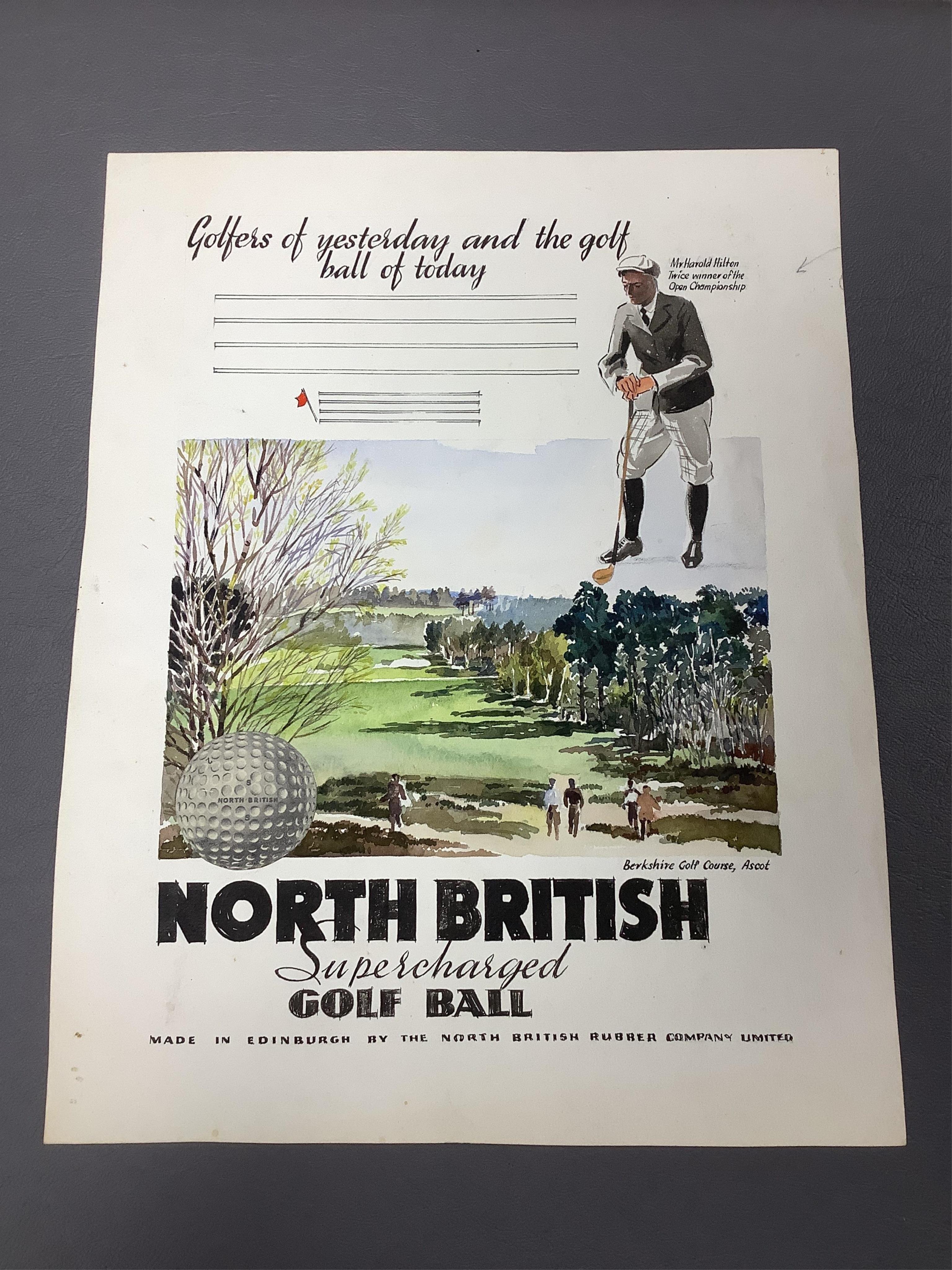An archive of original designs for the North British Rubber Company to include 'Supercharged Golf Ball, by Percy Caesar, unframed, largest 38 x 28cm. Condition - fair, some discolouration throughout
